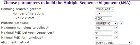 Figure 2: Screenshot of the parameters window to build the Multiple Sequence Alignment (MSA) on the Consurf web server.